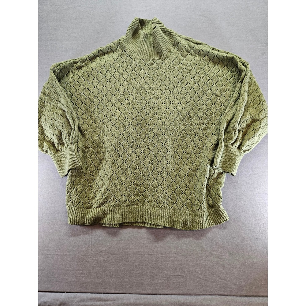 Wonderly Olive Green Pointelle Diamond Knit Mock Neck Balloon Sleeve Sweater 2X